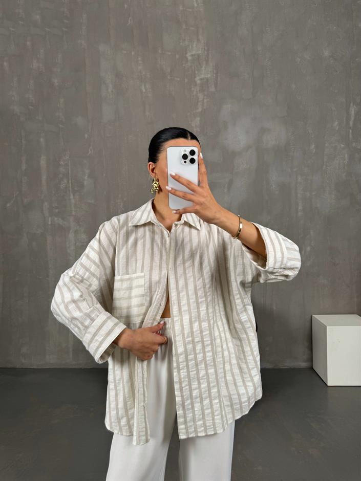 Vizon Çizgili Oversize Keten Gömlek Gaus00017