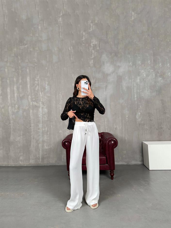 İvo Beyaz Belden İpli Viskon Karışımlı Pantolon