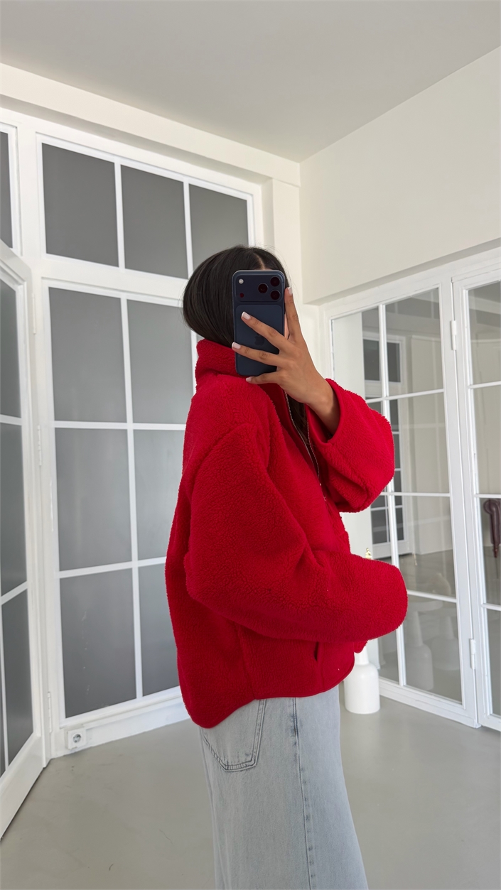 Kırmızı Fermuarlı Cepli Polar Sweatshirt GAUS-02031