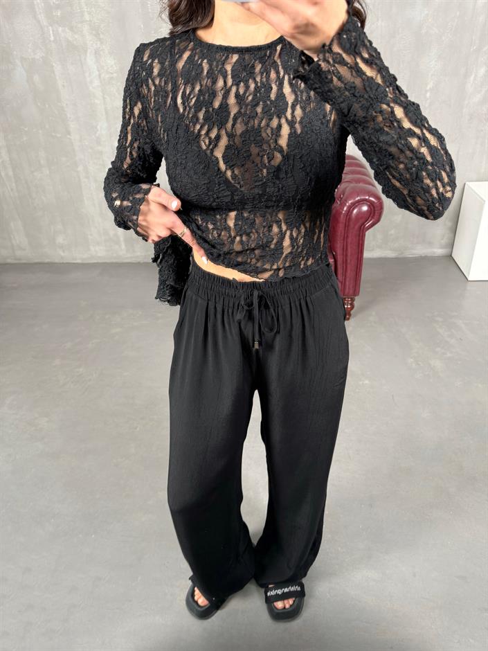 İvo Siyah Belden İpli Viskon Karışımlı Pantolon