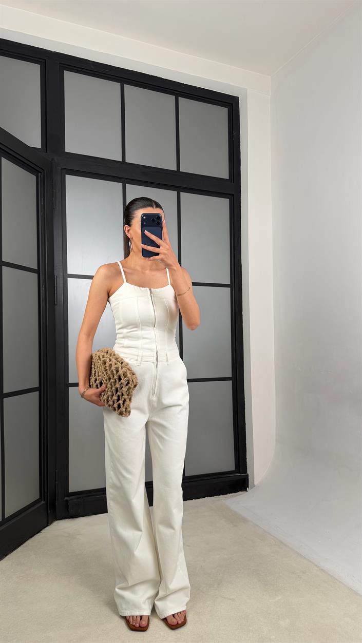 Ekru Ayarlanabilir Askılı Denim Tulum GAUS-01521