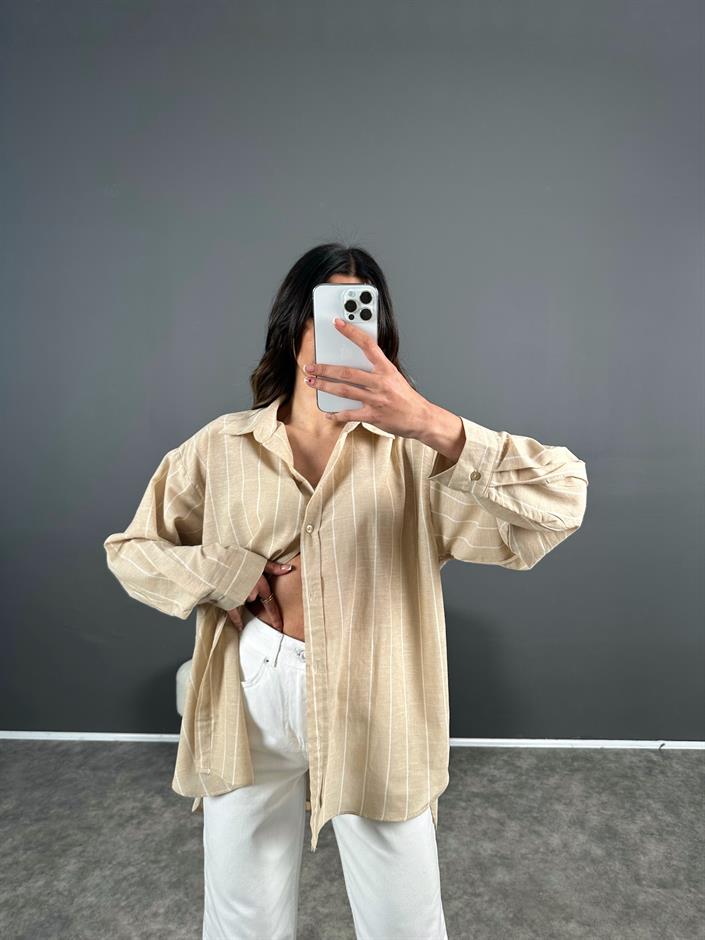 Bej Çizgili Oversize Keten Gömlek