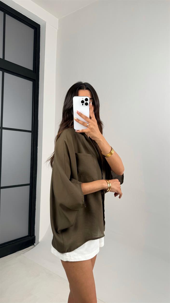 Haki Cep Detaylı Basic Tencel Gömlek Gaus00679