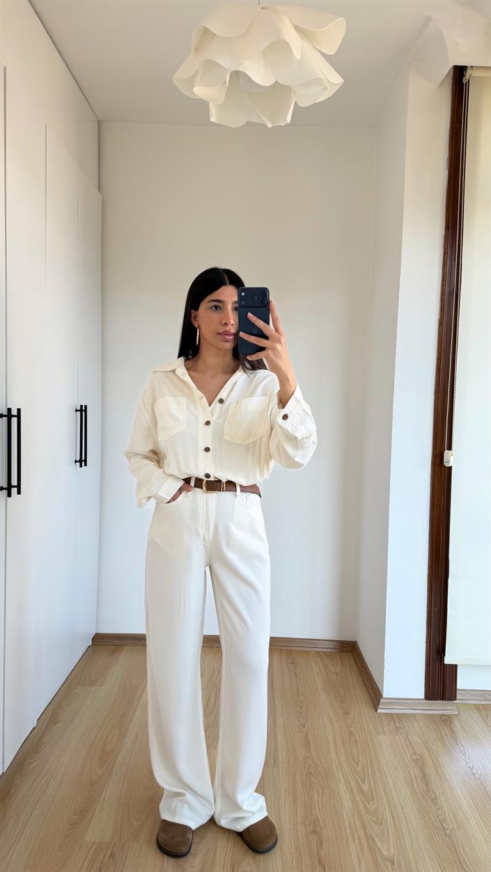 Bej Beli Lastikli Tencel Denim Tulum GAUS-01394