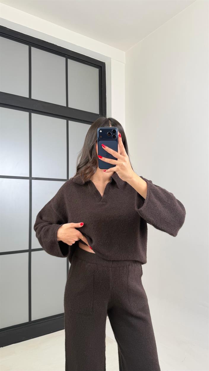 Acı Kahve Polo Yaka Kazak Beli Lastikli Pantolon Triko Takım GAUS-00874
