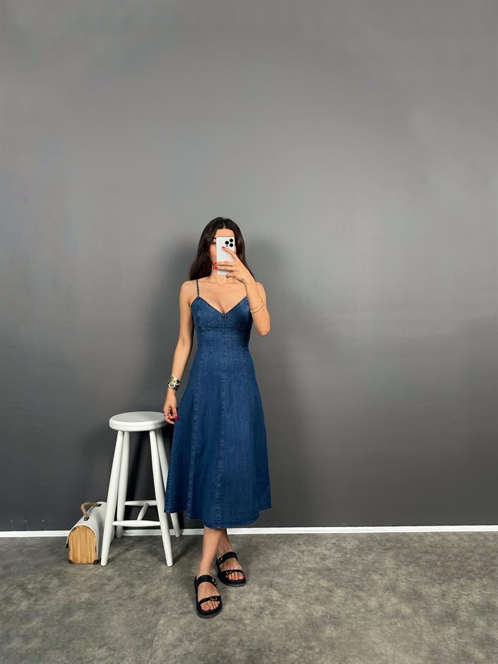 Jain Night Blue Ayarlanabilir Askılı Göğüs Detaylı Kot Elbise