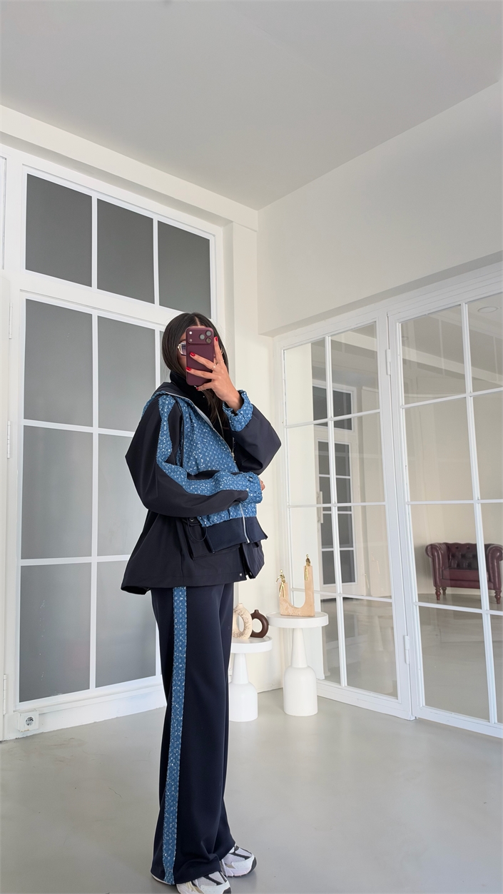 Lacivert Pullu Beli Lastikli Ceket Pantolon Paraşüt Detaylı Modal Takım GAUS-02213