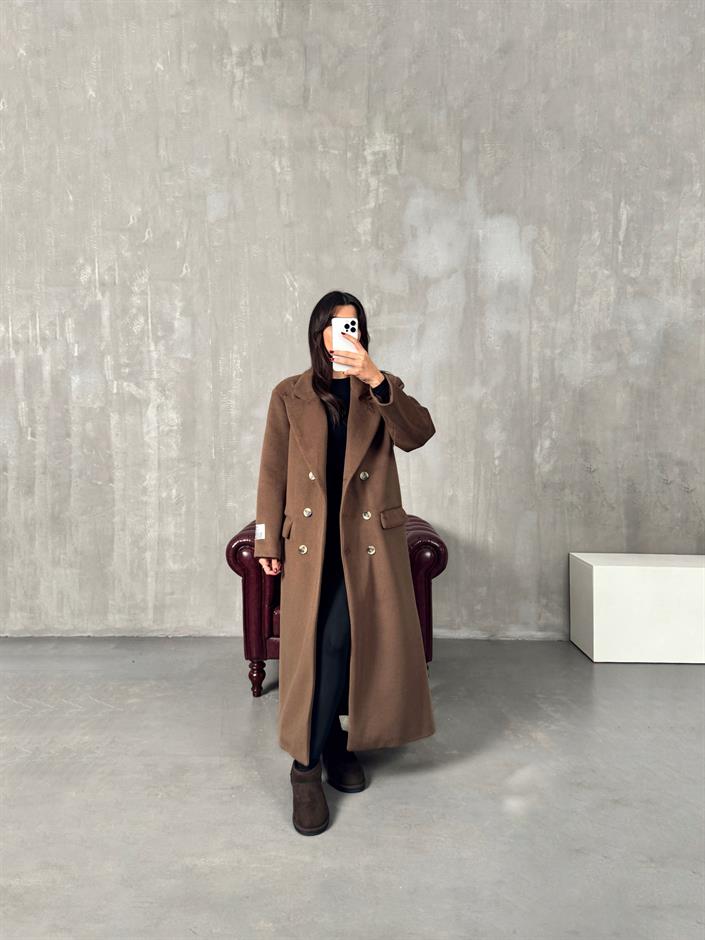 Veco Acı Kahve Astarlı Düğmeli Premium Kaban