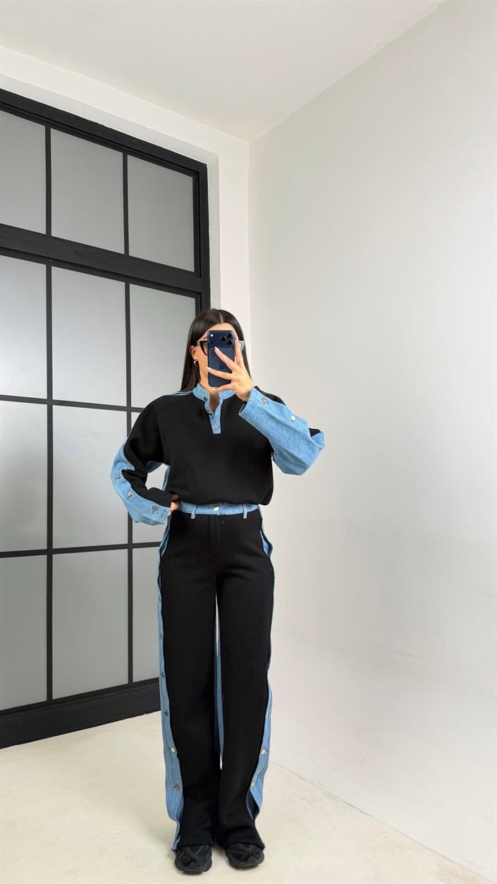 Siyah Denim Detaylı Şardonlu Sweatshirt Eşofman Takım GAUS-00839
