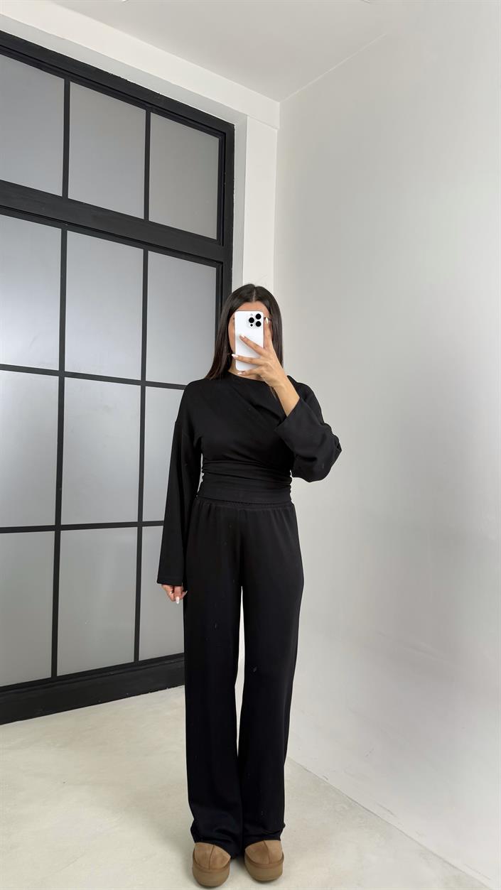 Siyah Yarasa Kol Bluz Beli Lastikli Pantolon Tasarım Modal Takım GAUS-00572