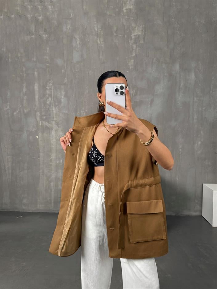 Ravi Kahve Astarlı Belden Bağlamalı Gabardin Yelek