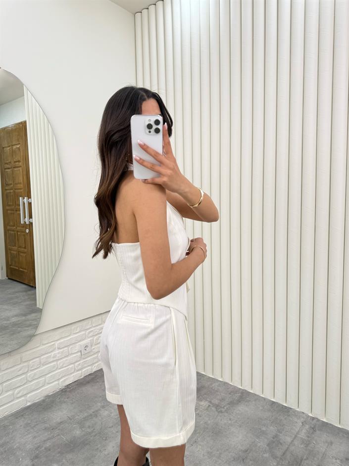 Ekru Beli Gipeli Düğmeli Üst Beli Lastikli Cepli Şort İkili Gabardin Takım Gaus00301