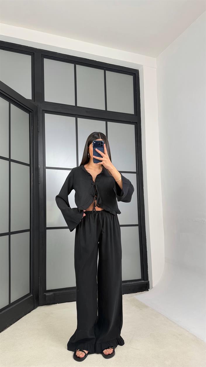 Siyah Önden Bağlamalı Gömlek Beli Lastikli Pantolon İkili Tencel Takım GAUS-01336