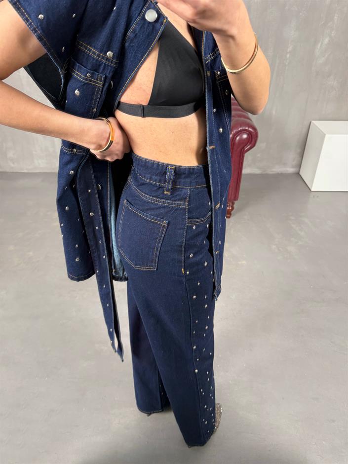 Hespi Lacivert Zımbalı Kuşaklı Yelek Pantolon Denim Takım
