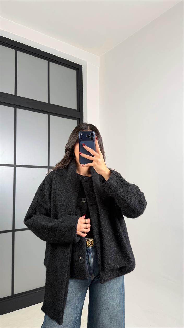 Siyah ZR Muadil Astarlı Atkı Detaylı Kırçıllı Ceket GAUS-00718