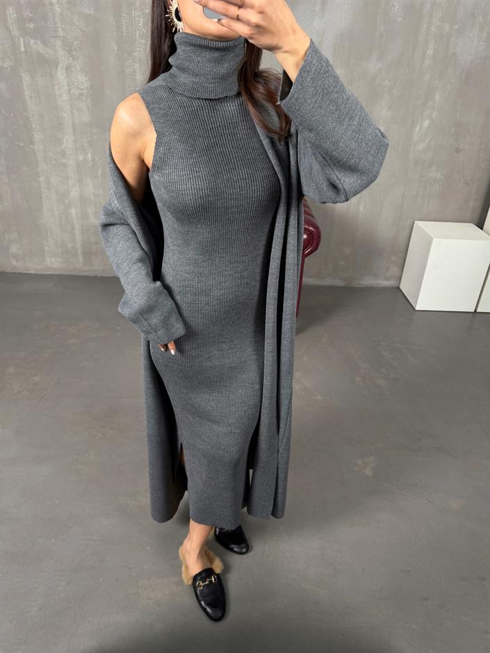 Sores Antrasit Balıkçı Yaka Yandan Yırtmaçlı Elbise Triko Hırka İkili Takım