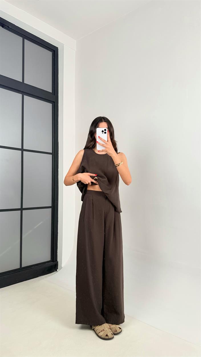 Acı Kahve Gold Detaylı Bluz Balon Pantolon İkili Tencel Takım Gaus00510