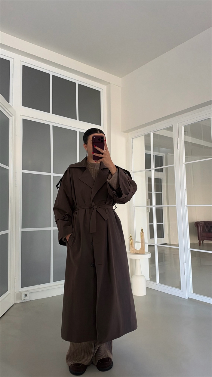 Kahve Yırtmaç Detaylı Astarlı Kuşaklı Premium Trençkot GAUS-02246