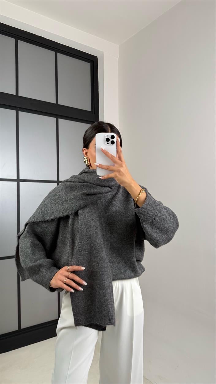 Antrasit Şal Detaylı Triko Kazak GAUS-00524