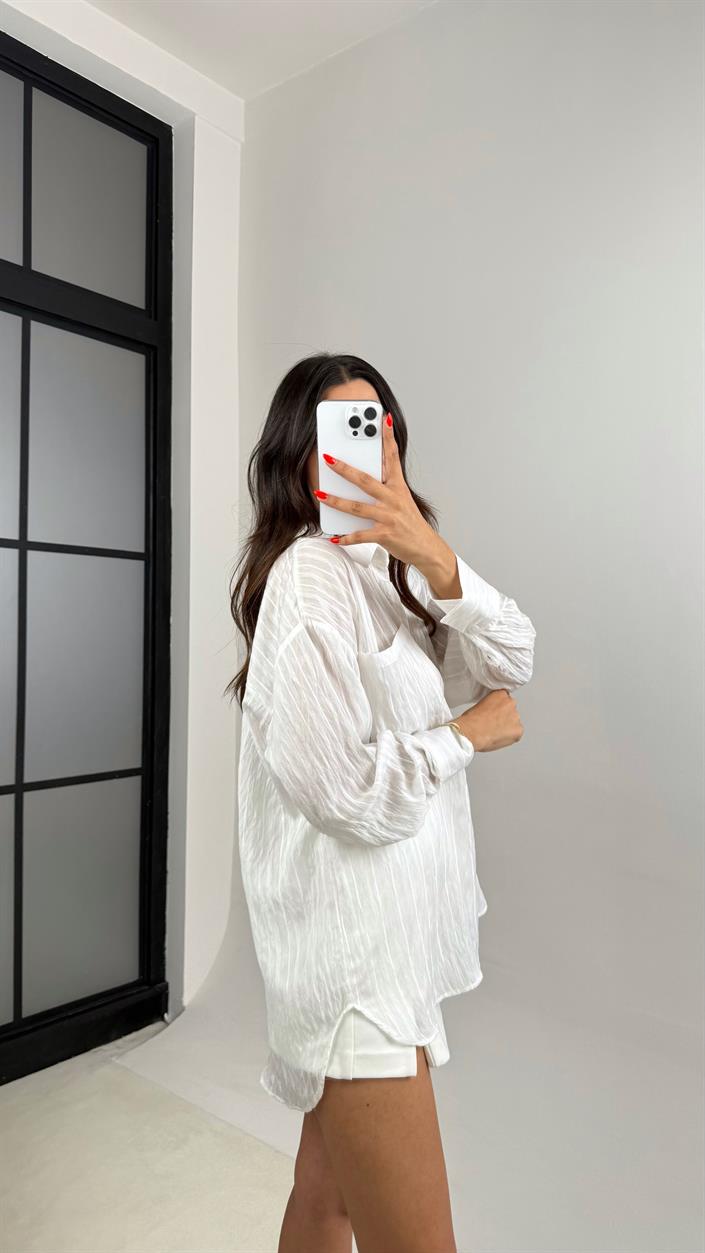 Beyaz Şerit Desenli Kırışık Tencel Gömlek GAUS-0032