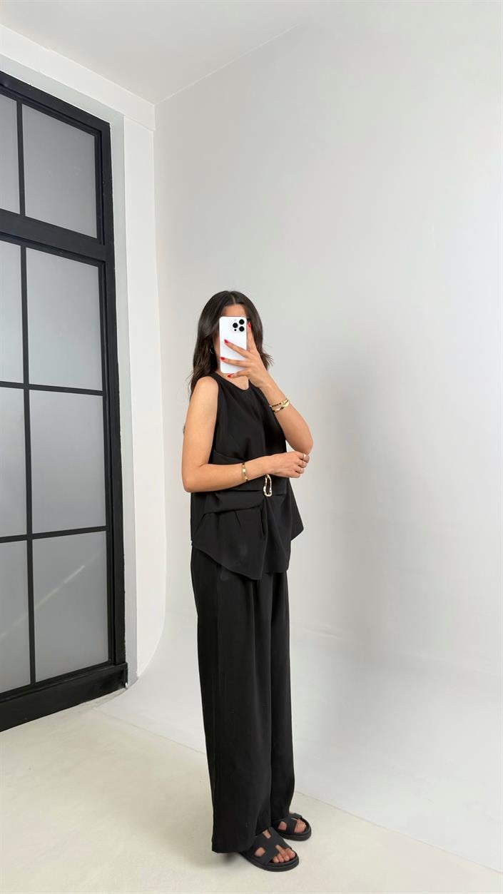 Siyah Gold Detaylı Bluz Balon Pantolon İkili Tencel Takım Gaus00510