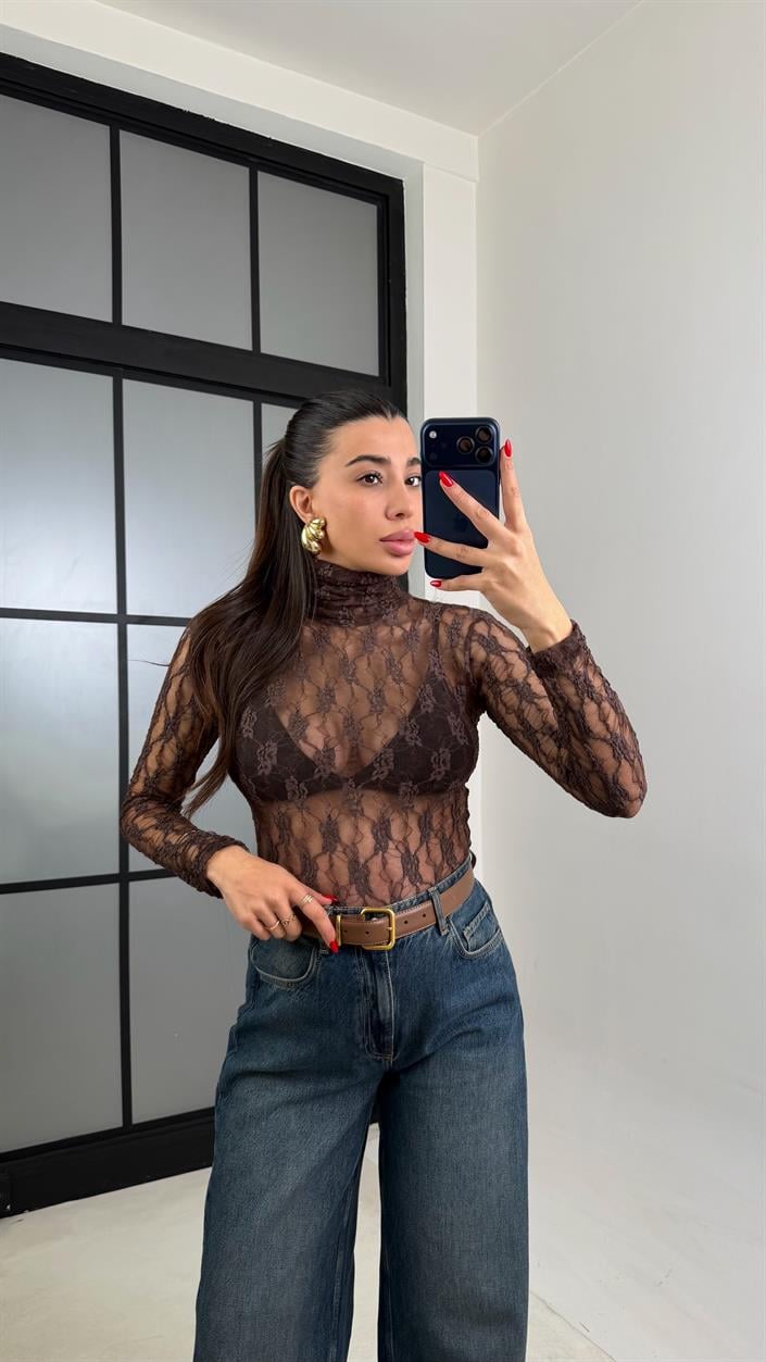 Kahve Balıkçı Yaka Dantel Bluz GAUS-00932