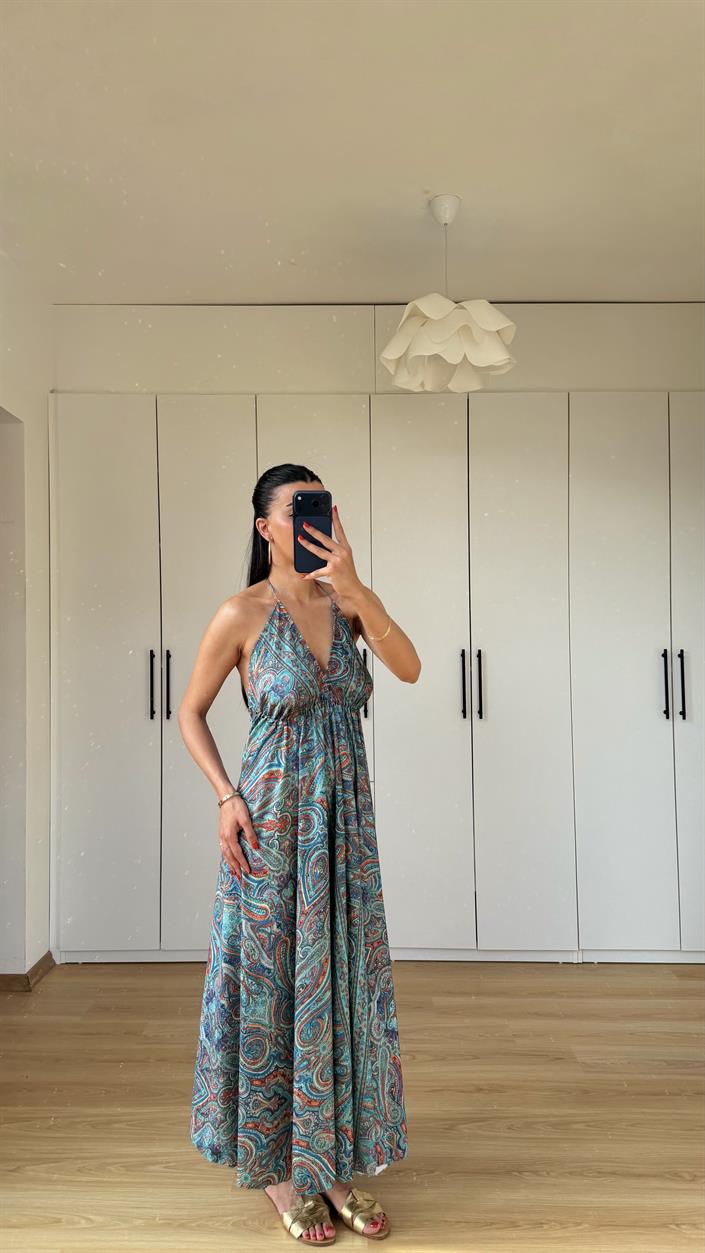 Mavi Sırt Dekolteli Yumuşak Saten Desenli Maxi Boy Elbise GAUS-01614