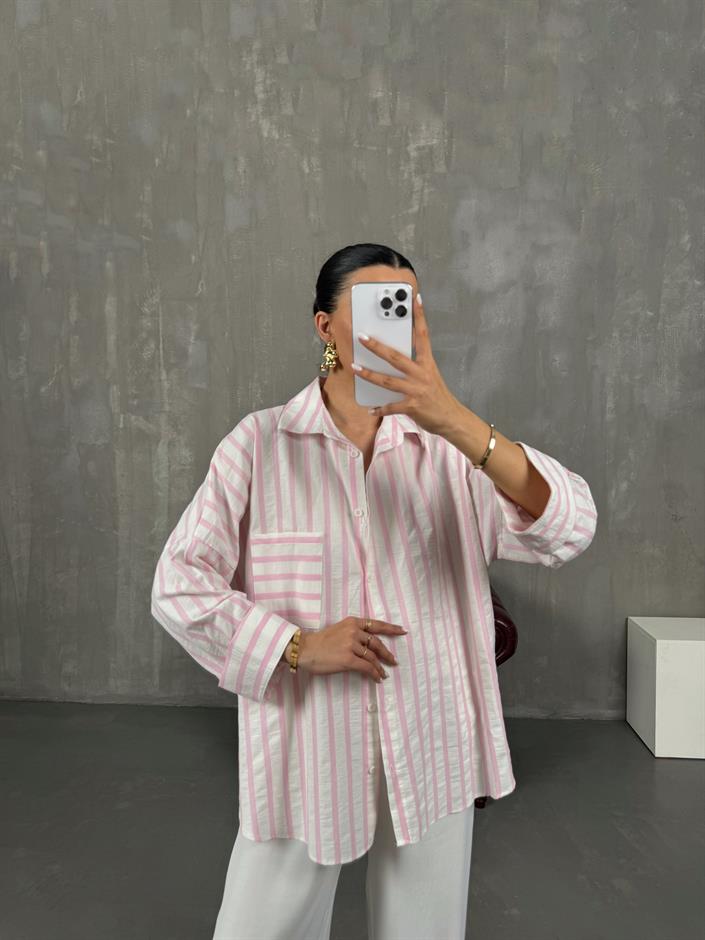 Pembe Çizgili Oversize Keten Gömlek Gaus00017