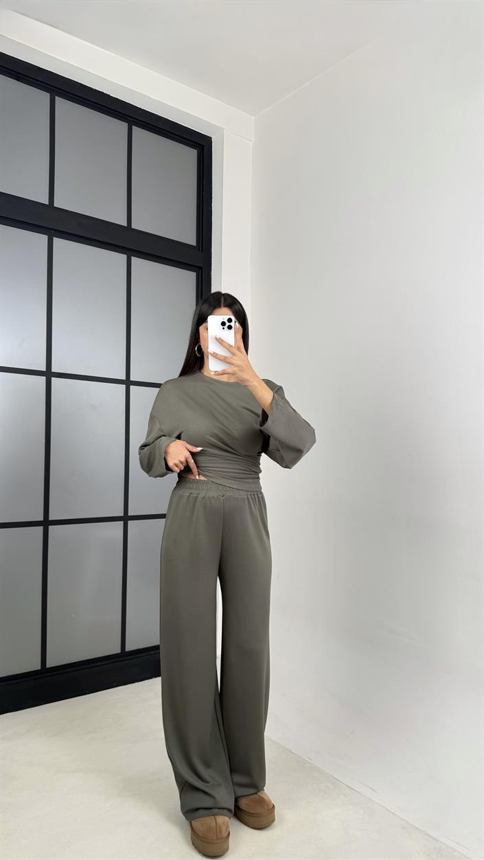 Haki Yarasa Kol Bluz Beli Lastikli Pantolon Tasarım Modal Takım GAUS-00572