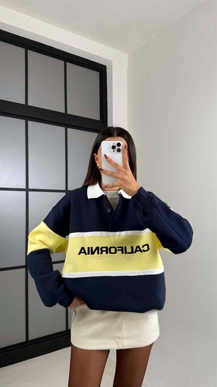 Lacivert California Yazılı Şardonlu 3 İplik Sweatshirt GAUS-00471