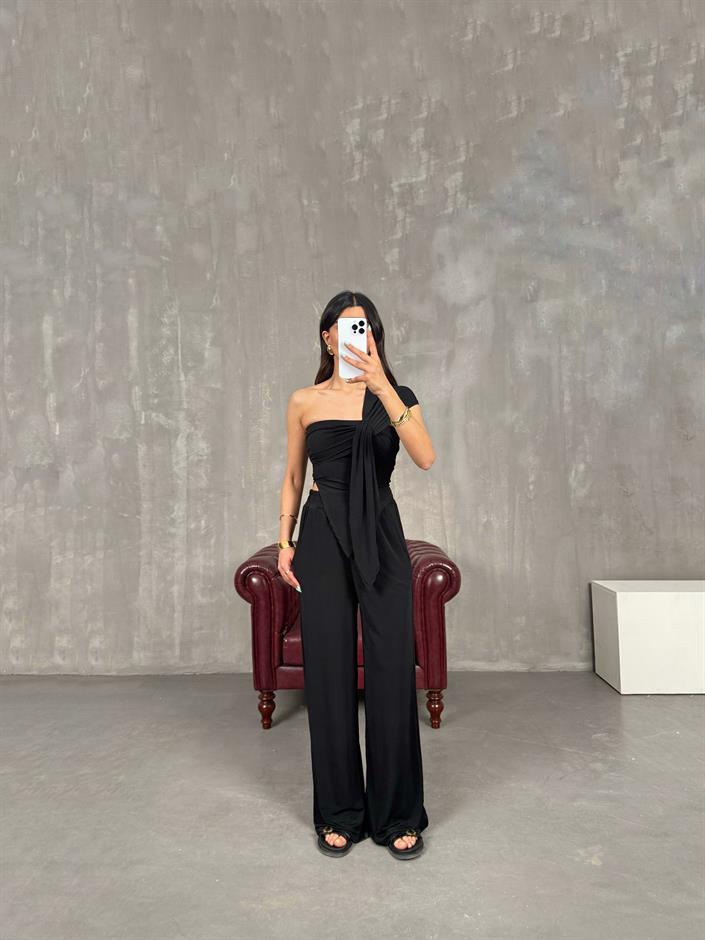 Siyah Asimetrik Kesim Bluz Pantolon Sandy Kumaş Takım Gaus00234