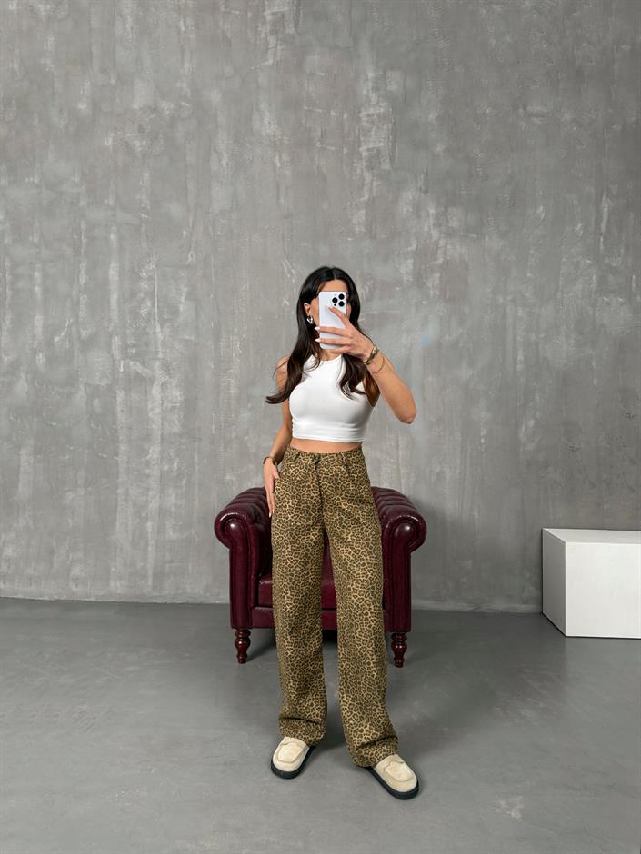 Leopar Desenli Gabardin Pantolon