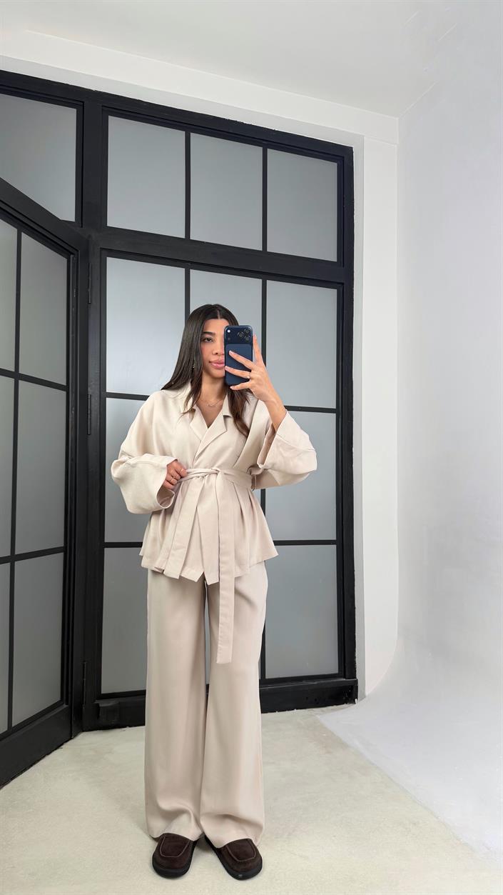 Taş Kuşaklı Ceket Beli Lastikli Pantolon Tencel Takım GAUS-01128