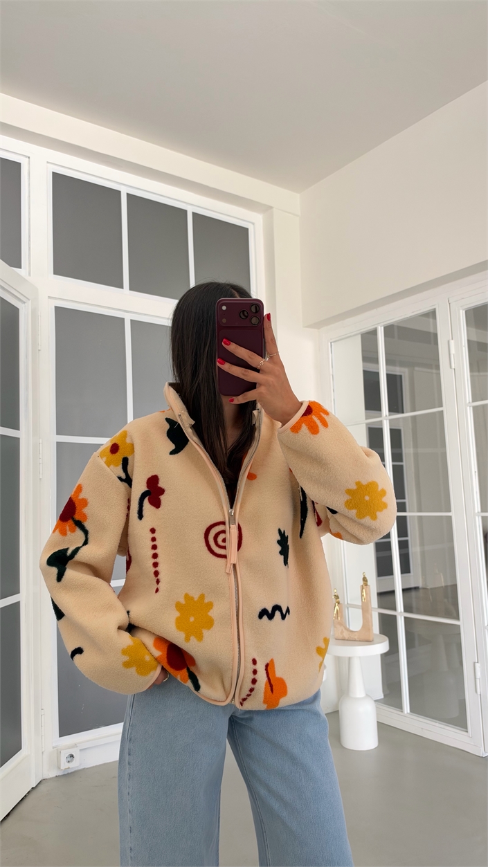 Çok Renkli Çiçek Desenli Fermuarlı Polar Sweatshirt GAUS-01916 GAUS-02225