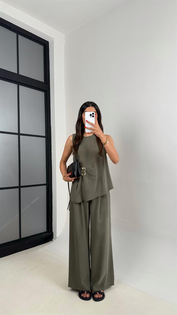Haki Gold Detaylı Bluz Balon Pantolon İkili Tencel Takım Gaus00510