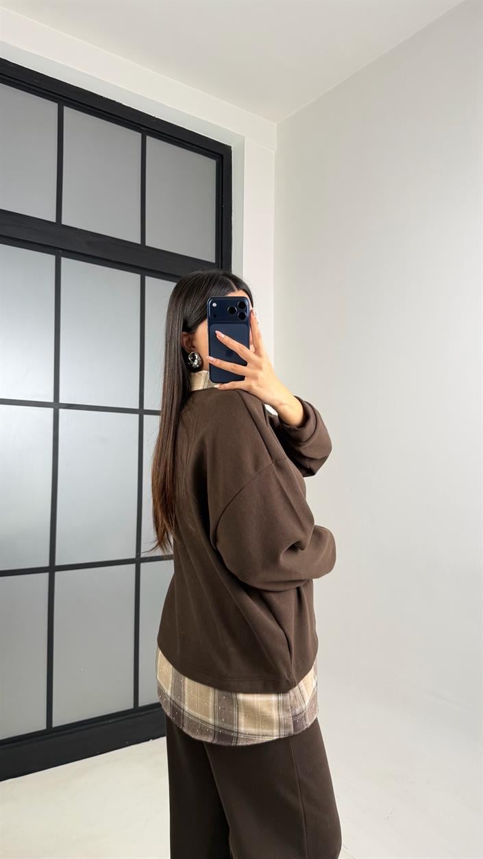 Acı Kahve Gömlek Taş Detaylı Kazak Beli Lastikli Pantolon Örme Takım GAUS-00831