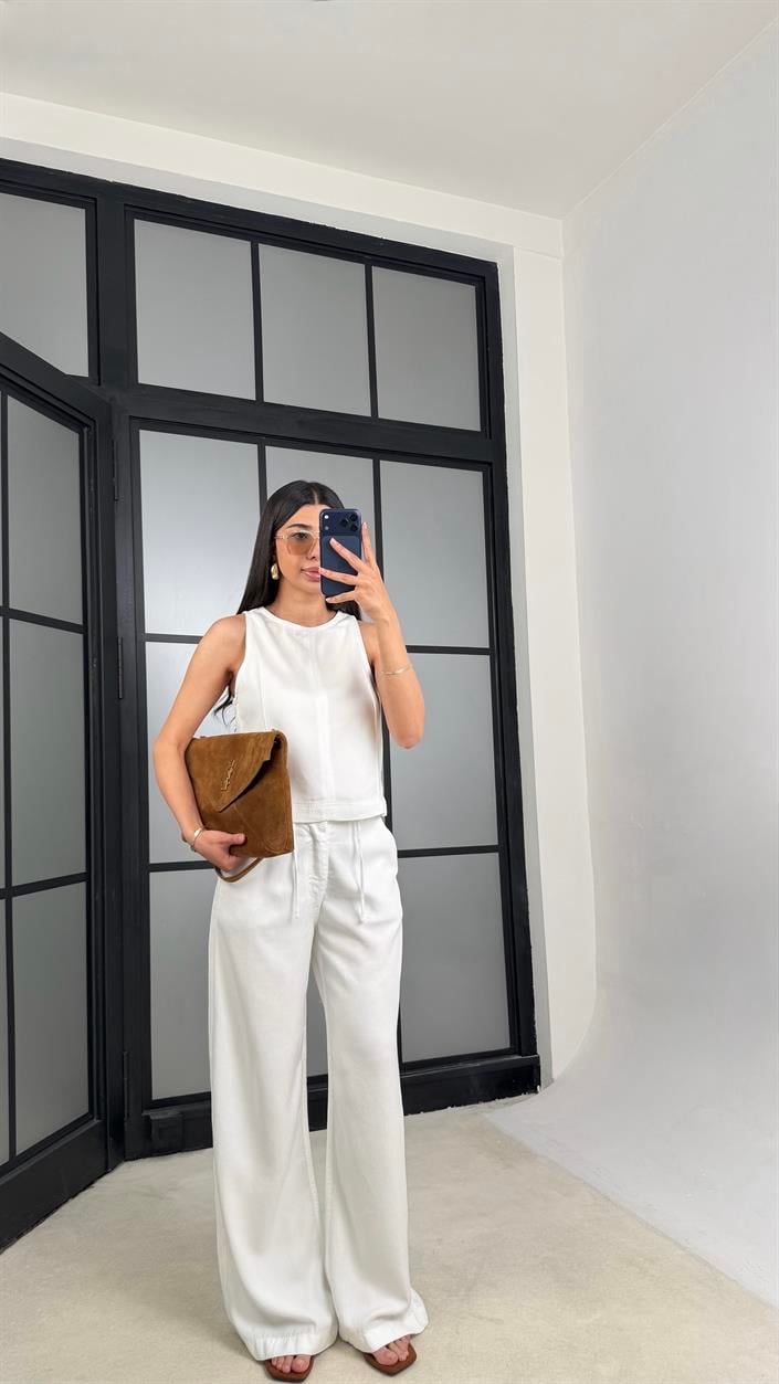 Beyaz Fermuarlı Bluz Beli Kuşaklı Pantolon İkili Denim Takım GAUS-01379 GAUS-01512