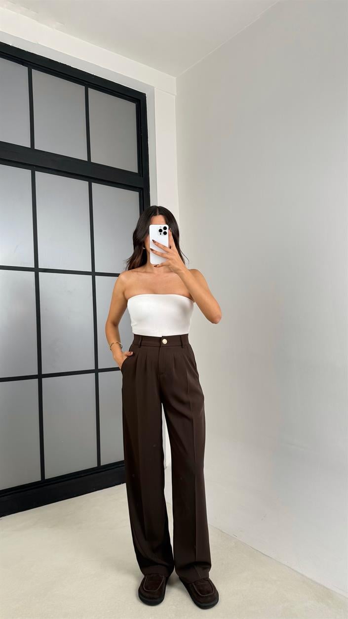 Acı Kahve Gold Düğmeli Beli Lastikli Premium Pantolon GAUS-00141