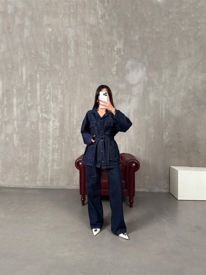 Lovato Lacivert Düğmeli Cep Detaylı Kuşaklı Denim Takım 