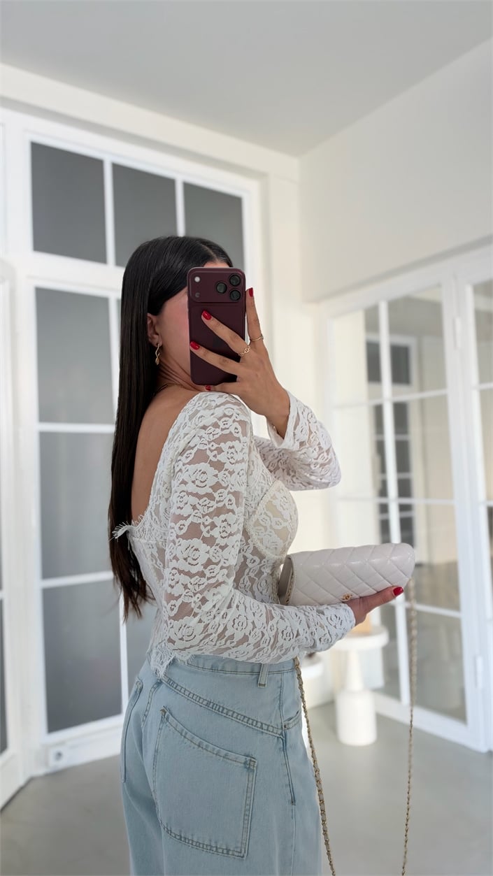 Ekru Dantel Detaylı Premium Korse Bluz GAUS-02281