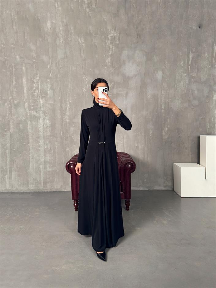 Jerse Siyah Balıkçı Yaka Tasarım Maxi Elbise