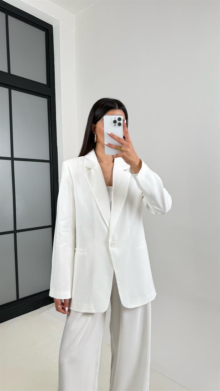 Beyaz Astarlı Blazer Ceket Beli Lastikli Pantolon Tensel Takım Gaus00444