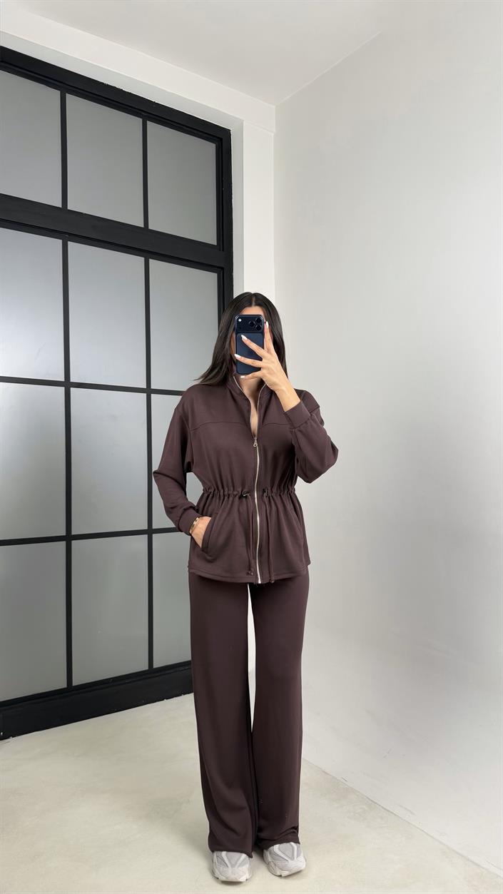 Kahve Beli Büzgülü Hırka Pantolon İkili Modal Takım GAUS-00571