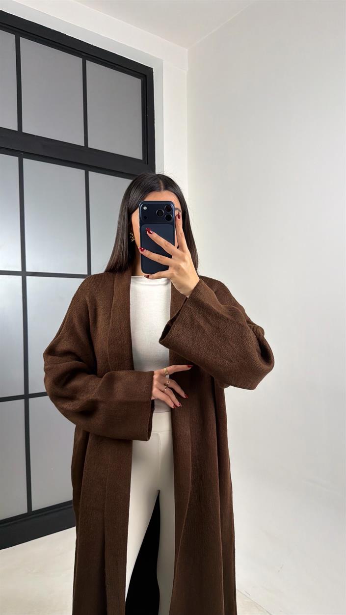 Kahve Oversize Maxi Boy Triko Hırka GAUS-00728