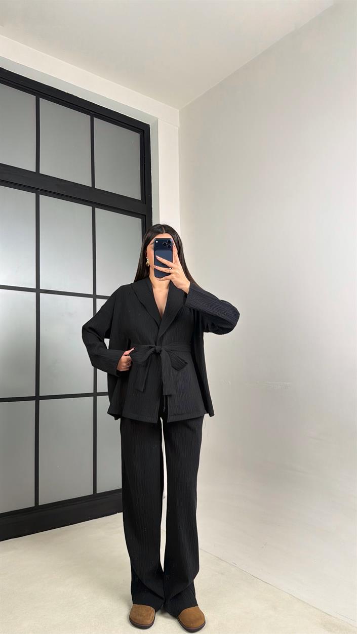 Siyah Kimono Beli Lastikli Pantolon İkili Muadil Takım GAUS-01113