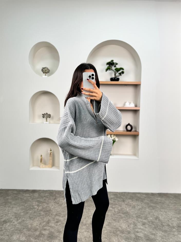Leno Gri Fermuarlı Oversize Triko Kazak