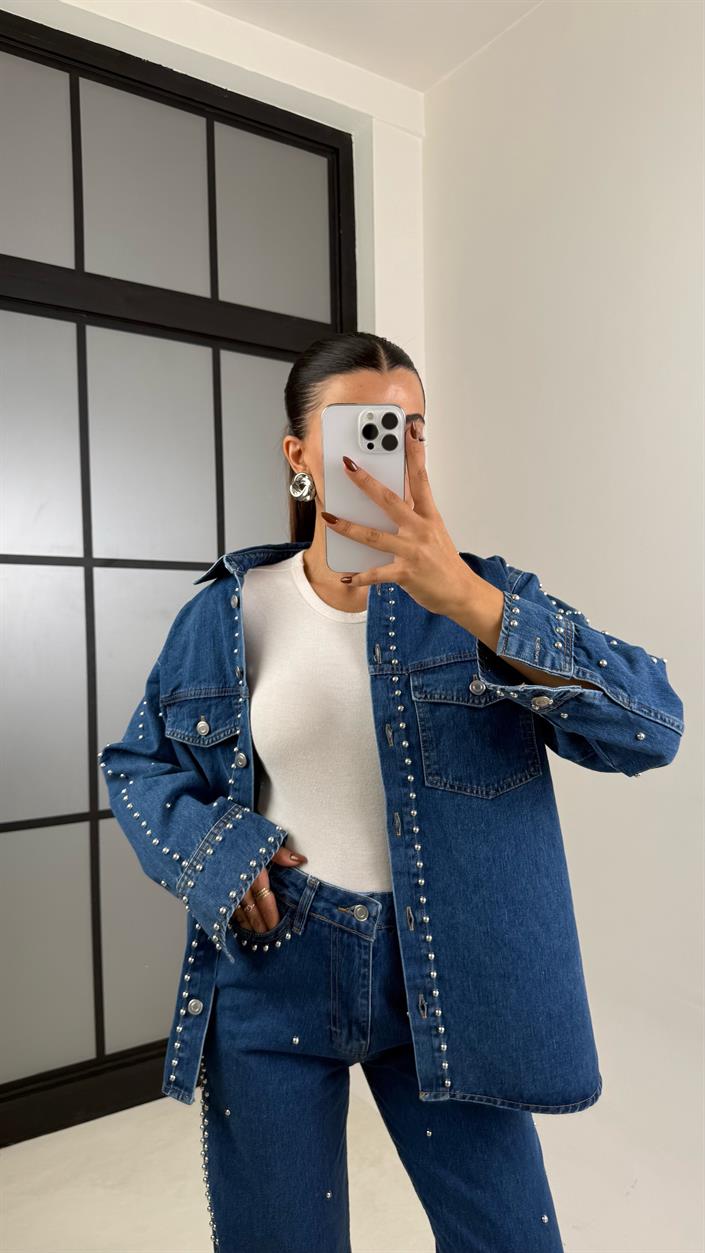 Lacivert Zımba Detaylı Gömlek Pantolon İkili Denim Takım GAUS-00194