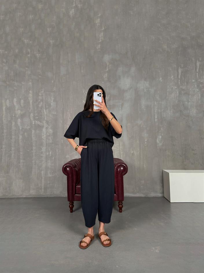 Siyah Bisiklet Yaka Tshirt Pantolon Basic Yıkamalı Modal Takım Gaus00143