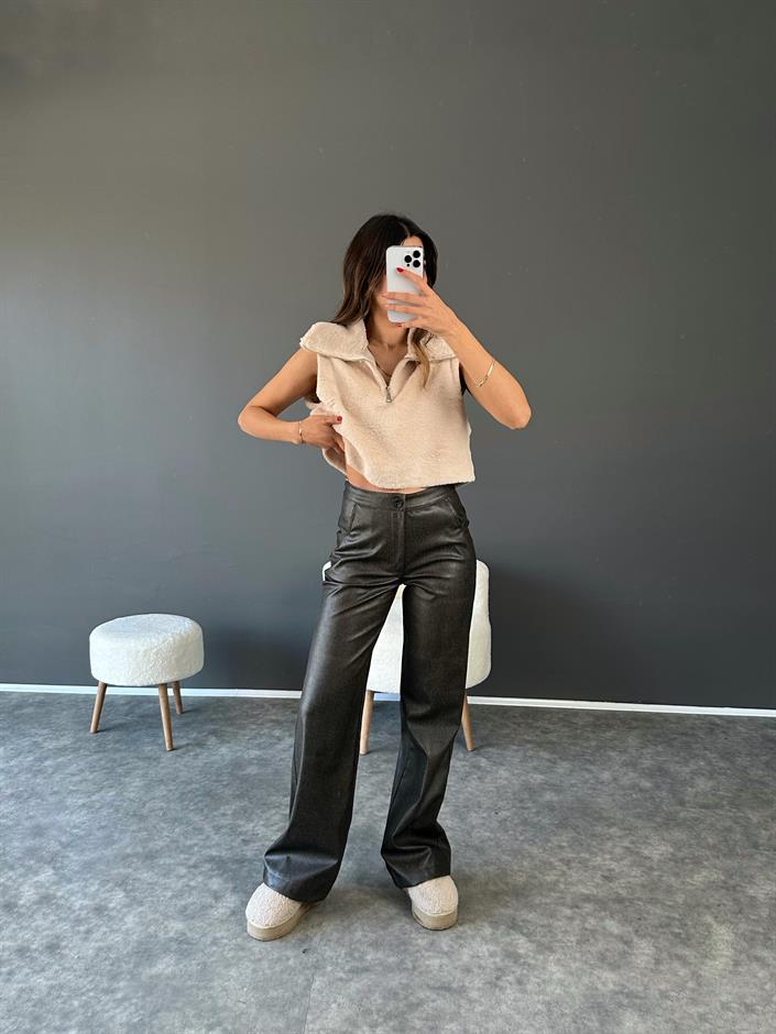 Nori Gri Eskitme Deri Pantolon 