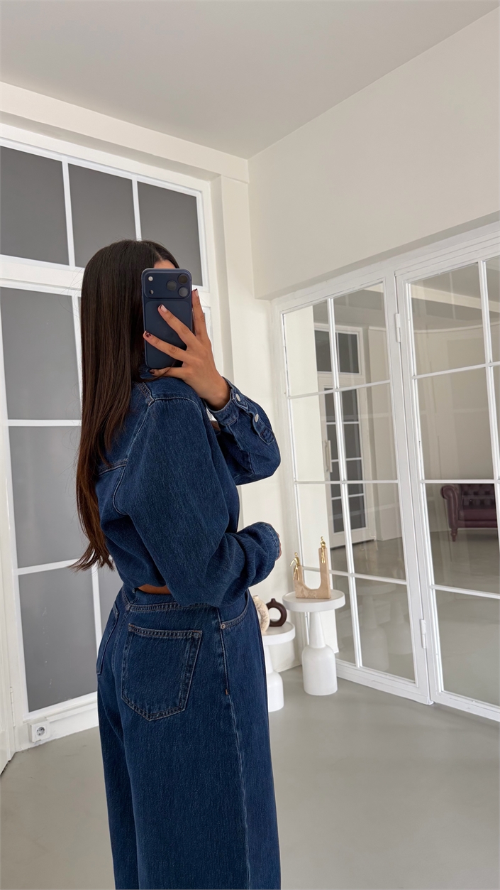 Lacivert Çıtçıt Düğmeli Gömlek Pantalon Denim Takım GAUS-01969